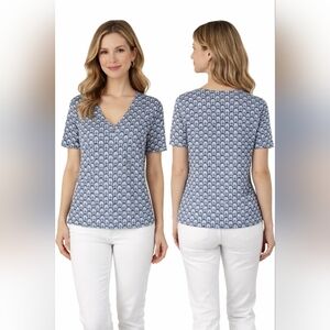 ann taylor geometric print blouse  blue white v neck short sleeve career top l